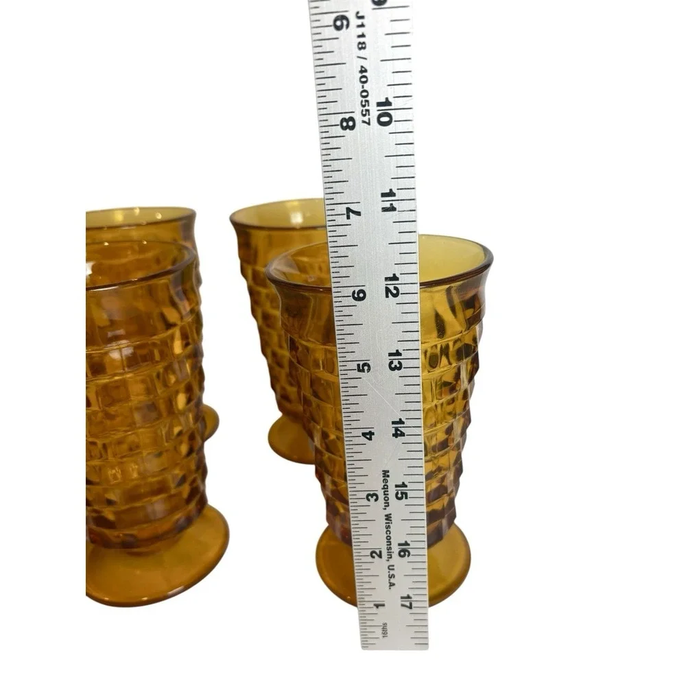 Vtg MCM Indiana Glass 1960s Whitehall Cubist Amber Ice Tea Goblets 6